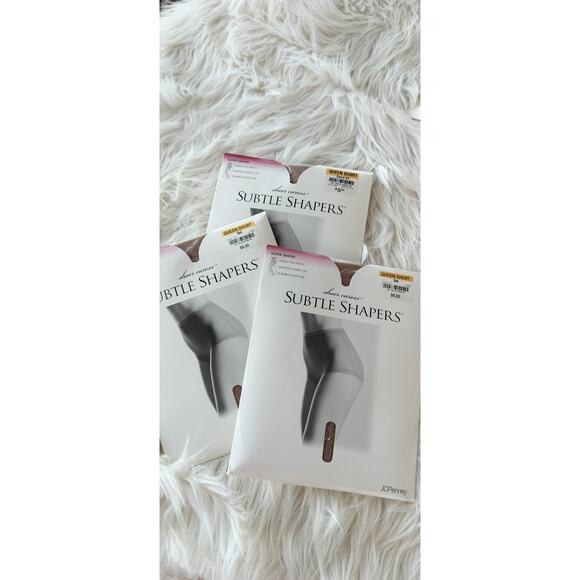 3 pairs JCPenney Sheer Caress Subtle Shapers Pantyhose Queen Shorts Sand color - Picture 1 of 3
